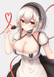  anchor_choker apron azur_lane black_dress blush breasts candy chocolate cleavage closed_mouth commentary_request cowboy_shot dress female food grey_background hair_between_eyes hairband heart heart-shaped_chocolate heart_of_string jori large_breasts looking_at_viewer maid maid_apron red_eyes ribbon short_hair short_sleeves simple_background sirius_(azur_lane) solo valentine white_hair 