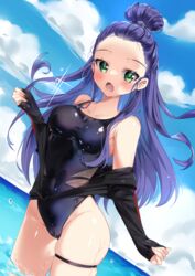  arami_o_8 black_one-piece_swimsuit blue_hair blue_sky breasts cloud commentary_request commission competition_swimsuit day dutch_angle female forehead green_eyes highleg highleg_swimsuit horizon jacket long_hair looking_at_viewer medium_breasts ocean one-piece_swimsuit open_clothes open_jacket open_mouth original outdoors skindentation sky sleeves_past_wrists solo standing swimsuit wading water 