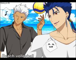  2boys akujiki59 archer_(fate) ball blue_hair buttons closed_mouth cloud collared_shirt commentary_request cu_chulainn_(fate) cu_chulainn_(fate/stay_night) day fate/grand_order fate/stay_night fate_(series) hair_tubes male_focus multiple_boys musical_note official_style one_eye_closed open_mouth orange_eyes outdoors ponytail shirt short_sleeves sky smile spoken_musical_note teeth tied_hair tongue upper_teeth_only volleyball volleyball_(object) white_shirt 