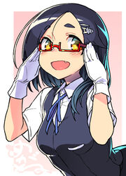  :d adjusting_eyewear bespectacled black_hair black_vest blue_ribbon blush border breasts commentary_request female glasses gloves hair_ornament hairclip hands_up kantai_collection kuroshio_(kancolle) kuroshio_kai_ni_(kancolle) long_hair looking_at_viewer neck_ribbon oerba_yun_fang one-hour_drawing_challenge open_mouth outside_border pink_background red-framed_eyewear ribbon shirt short_sleeves simple_background small_breasts smile solo taketora_suzume thick_eyebrows upper_body vest white_border white_gloves white_shirt yellow_eyes 