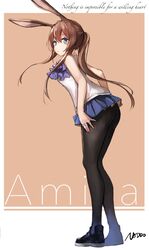  amiya_(arknights) animal_ears arknights ascot ass bare_shoulders black_footwear black_pantyhose blue_eyes blue_skirt blush border brown_hair character_name closed_mouth english_text female from_side full_body highres infection_monitor_(arknights) jewelry leaning_forward long_hair looking_at_viewer looking_to_the_side miniskirt omuretu_(butterroru) orange_background outside_border pantyhose pleated_skirt ponytail purple_ascot rabbit_ears rabbit_girl ring shirt sidelocks signature simple_background skirt sleeveless sleeveless_shirt solo standing white_border white_shirt 