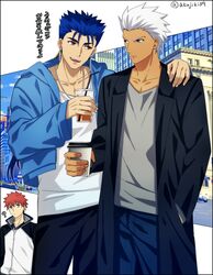  3boys akujiki59 archer_(fate) black_coat black_pants blue_hair blue_jacket blue_pants closed_mouth coat collarbone commentary_request cu_chulainn_(fate) cu_chulainn_(fate/stay_night) cup disposable_cup earrings fate/grand_order fate/stay_night fate_(series) fingernails grey_shirt hand_in_pocket hand_on_another&#039;s_shoulder holding hood hood_down hooded_jacket jacket jewelry male_focus multiple_boys official_style open_clothes open_jacket open_mouth pants red_eyes red_hair shirt spiked_hair teeth tongue upper_teeth_only white_hair white_shirt zipper_pull_tab 