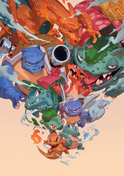  blastoise breath_weapon breathing_fire bulbasaur charizard charmander charmeleon claws evolutionary_line fangs fire flame-tipped_tail highres ivysaur looking_at_viewer max_grecke plant pokemon pokemon_(creature) shell shoulder_cannon squirtle starter_pokemon_trio tail tongue venusaur wartortle 