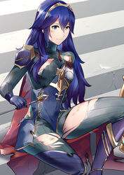  alternate_costume ameno_(a_meno0) armor arrow_(projectile) bad_id bad_twitter_id black_bodysuit blue_hair blue_shirt bodysuit breasts cape commentary_request feet_out_of_frame female fingerless_gloves fire_emblem fire_emblem_awakening fire_emblem_heroes gloves gold_trim hair_between_eyes holding holding_arrow injury legs long_hair long_sleeves looking_at_viewer lucina_(fire_emblem) lucina_(glorious_archer)_(fire_emblem) red_cape scratches shirt shoulder_armor sitting small_breasts solo tiara torn_bodysuit torn_clothes turtleneck 