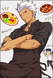  2boys akujiki59 apron archer_(fate) artist_name blue_hair brown_apron closed_mouth commentary_request crossed_arms cu_chulainn_(fate) cu_chulainn_(fate/stay_night) fate/grand_order fate/stay_night fate_(series) floating_hair food fork grey_background grey_eyes holding holding_fork long_hair male_focus multiple_boys notice_lines outline pants ponytail shirt short_sleeves smile spiked_hair white_hair white_shirt 