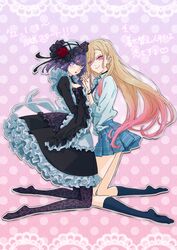  2girls apron asymmetrical_bangs black_dress black_hairband black_pantyhose black_socks blonde_hair bob_cut cosplay dress floral_print flower gothic_lolita gyaru hair_flower hair_ornament hairband highres holding_hands kitagawa_marin kneehighs kuroe_shizuku lolita_fashion lolita_hairband long_hair miniskirt multicolored_hair multiple_girls nishihara_erika no_shoes official_art pantyhose petticoat pink_hair print_pantyhose purple_eyes purple_hair school_uniform skirt sleeves_past_wrists socks sono_bisque_doll_wa_koi_wo_suru translated very_long_hair 