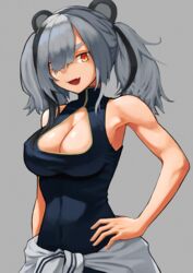  animal_ears arknights armpit_peek black_hair blue_dress breasts china_dress chinese_clothes cleavage cleavage_cutout clothes_around_waist clothing_cutout commentary_request covered_navel cowboy_shot dress feater_(arknights) female grey_background grey_hair hair_between_eyes hair_over_one_eye hand_on_own_hip highres large_breasts looking_at_viewer medium_hair multicolored_hair oerba_yun_fang open_mouth panda_ears red_eyes simple_background sleeveless sleeveless_dress smile solo streaked_hair sweater sweater_around_waist twintails two-tone_hair yakupan 