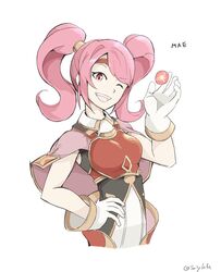  :d absurdres armor breastplate cape commentary_request female fire_emblem fire_emblem_echoes:_shadows_of_valentia hairband hand_on_own_hip hand_up highres mae_(fire_emblem) one_eye_closed open_mouth pink_eyes pink_hair red_hairband saiykik smile solo twintails white_background 