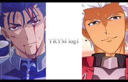  2boys akujiki59 archer_(fate) blood blood_on_face blue_hair closed_mouth commentary_request cu_chulainn_(fate) cu_chulainn_(fate/stay_night) fate/grand_order fate/stay_night fate_(series) grey_eyes looking_at_viewer male_focus multiple_boys official_style outdoors red_eyes short_hair smile tied_hair upper_body white_hair 