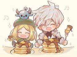  1boy animal_on_head babe_(fate) beret bird blonde_hair dove drooling fate/grand_order fate_(series) female food fork gaito-san hat highres horns knife musical_note on_head pancake pancake_stack paul_bunyan_(fate) percival_(fate) sparkle syrup white_hair 