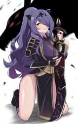  absurdres alternate_costume alternate_hairstyle armor between_breasts black_footwear breasts camilla_(fire_emblem) commission commissioner_upload dragon dress female fire_emblem fire_emblem_fates fur_trim hair_ornament hair_over_one_eye highres holding holding_sword holding_weapon japanese_armor kneeling large_breasts lips long_hair looking_at_viewer mature_female namu_(112namu) no_panties non-web_source open_mouth parted_lips pelvic_curtain pixiv_commission ponytail purple_eyes purple_hair samurai simple_background smile solo sword teeth thighs tiara wavy_hair weapon 