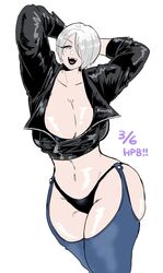  absurdres angel_(kof) arm_behind_head armpits arms_behind_head arms_up bad_id bad_twitter_id black_panties blue_eyes bra breasts chaps cleavage collarbone crop_top cropped_jacket female hair_over_one_eye hasuda_kunkun highres jacket large_breasts leather leather_jacket looking_at_viewer midriff navel open_mouth panties simple_background smile snk solo stomach strapless strapless_bra the_king_of_fighters the_king_of_fighters_xiv thick_thighs thighs toned underwear white_background 