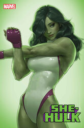  bare_arms bare_shoulders breasts character_name closed_mouth commentary company_name copyright_name cowboy_shot english_commentary english_text eyelashes female fingerless_gloves gloves gradient_background green_background green_eyes green_hair hair_over_one_eye highres jee-hyung_lee leotard light_smile lips logo long_hair marvel nose purple_gloves she-hulk sleeveless solo stretching toned wavy_hair white_leotard 