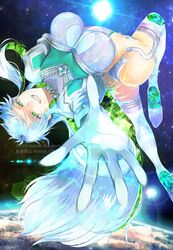  ass blue_hair breasts colored_inner_hair crystal_hair earth_(planet) fate/grand_order fate_(series) female green_eyes green_hair highres kukulkan_(fate) kukulkan_(second_ascension)_(fate) large_breasts light_blue_hair long_hair looking_at_viewer multicolored_hair murasaki_yuna open_hand planet smile solo space sun very_long_hair 