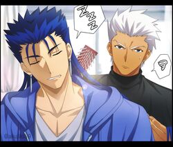  2boys akujiki59 archer_(fate) artist_name black_shirt blue_hair blue_jacket blurry brush brushing closed_eyes closed_mouth collarbone commentary_request cu_chulainn_(fate) cu_chulainn_(fate/stay_night) drooling earrings fate/grand_order fate/stay_night fate_(series) grey_shirt holding hood hooded_jacket jacket jewelry lens_flare male_focus mouth_drool multiple_boys official_style parted_lips shirt sleeping spiked_hair spoken_squiggle spoken_zzz squiggle sweatdrop upper_body watermark white_hair zzz 