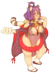  absurdres animal_ears arm_up bare_shoulders blush breasts breasts_apart clothing_request commentary_request covered_navel crumbs dot_nose female feral_lemma food food_on_face full_body hair_between_eyes hairstyle_request highres holding holding_plate houjou_ujimasa_(sengoku_bushouki_muramasa) looking_at_viewer looking_to_the_side medium_hair onigiri paid_reward_available plate plump purple_hair raised_eyebrows revealing_clothes rope sandals sengoku_bushouki_muramasa shimenawa simple_background solo striped_tail tail tareme thick_thighs thighs tongue tongue_out white_background white_legwear 