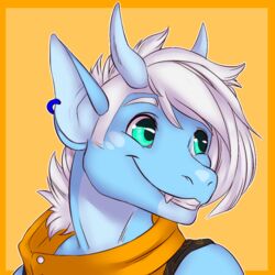  1:1 anthro blue_body blue_eyes blue_horn clothed clothing dragon ear_piercing frost_drake hair horn kiki_the_kraken kikisinkspray male mythological_creature mythological_scalie mythology nako_frostburn piercing scalie sleeveless_hoodie smile solo white_hair 