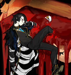  1boy bandaged_arm bandaged_head bandages black_coat black_footwear black_gloves black_pants black_vest blood bloodbath_(project_moon) closed_mouth coat e.g.o_(project_moon) employee_(project_moon) gloves holding holding_smoking_pipe lobotomy_corporation looking_to_the_side male_focus nishikujic pants pool_of_blood project_moon red_eyes shoes smoking_pipe solo vest 