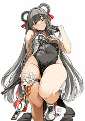  absurdres bare_shoulders braid braided_hair_rings breasts chinese_clothes earrings female gloves goddess_of_victory:_nikke grey_hair hair_ribbon hair_rings highres indoors jewelry kasetsu_03 legs no_panties red_eyes ribbon smile solo thigh_strap thighs twin_braids yan_(nikke) 