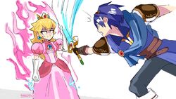  1boy anger_vein armor aura blade_catching blocking blonde_hair blue_hair brooch cape clenched_hand commentary crown dress english_commentary female fire_emblem fire_emblem:_mystery_of_the_emblem gloves glowing glowing_eyes highres jewelry long_hair looking_at_another mag_(magdraws) mario_(series) marth_(fire_emblem) mini_crown photo-referenced pink_dress princess_peach shoulder_armor simple_background smile super_smash_bros. sword weapon white_gloves 