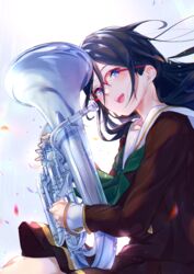  :d black_hair blue_eyes blue_neckerchief blush brown_shirt brown_skirt euphonium female floating_hair glasses head_tilt hibike!_euphonium highres holding holding_instrument instrument kitauji_high_school_uniform kuziaaizuk long_hair long_sleeves neckerchief open_mouth pleated_skirt red-framed_eyewear sailor_collar school_uniform serafuku shirt skirt smile solo tanaka_asuka white_sailor_collar 