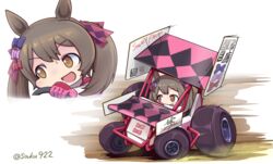  animal_ears brown_eyes brown_hair car commentary female highres horse_ears horse_girl motor_vehicle race_vehicle racecar sakusan_(ss-awesome) smart_falcon_(umamusume) solo twintails umamusume vehicle_focus world_of_outlaws 