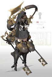  black_dress commission covered_eyes cross door dress english_text female habit head-mounted_display highres holding holding_weapon key keyblade keyhole long_hair mecha_musume mechanical_arms mechanical_legs nun original shadow skeb_commission solo weapon white_hair zenmaibook 