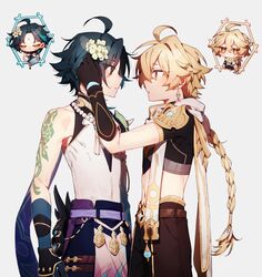  2boys aether_(genshin_impact) arm_tattoo bead_necklace beads black_gloves black_hair blonde_hair blue_gloves blue_hair blush braid chibi closed_eyes coojisan earrings eye_contact flower genshin_impact gloves grey_background hair_between_eyes hair_flower hair_ornament highres jewelry long_hair looking_at_another male_focus multicolored_hair multiple_boys multiple_views navel necklace orange_eyes parted_lips simple_background single_braid single_earring sweat tassel tattoo very_long_hair white_flower xiao_(genshin_impact) yaoi 