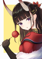  azur_lane black_gloves black_hair blunt_bangs blush breasts candy_apple commentary_request elbow_gloves female flower food fur_trim gloves hair_flower hair_ornament hairclip horns japanese_clothes jori kimono long_hair looking_at_viewer medium_breasts new_year noshiro_(azur_lane) noshiro_(uncharted_festival_grounds?)_(azur_lane) official_alternate_costume oni_horns parted_lips purple_eyes red_kimono simple_background solo upper_body yellow_background 