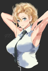  alternate_hair_length alternate_hairstyle arms_up artist_logo black_hair black_necktie blonde_hair breasts dress_shirt earrings english_commentary female green_eyes haruto_(harut_n) hornet_(kancolle) jewelry kantai_collection large_breasts looking_at_viewer necktie one-hour_drawing_challenge shirt short_hair simple_background sleeveless sleeveless_shirt solo upper_body white_shirt 