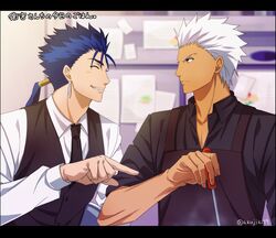  2boys akujiki59 apron archer_(fate) blue_hair blush brown_apron closed_eyes closed_mouth collared_shirt commentary_request cu_chulainn_(fate) cu_chulainn_(fate/stay_night) fate/grand_order fate/stay_night fate_(series) grin hair_tubes holding indoors long_sleeves looking_at_another male_focus multiple_boys necktie official_alternate_costume official_style orange_eyes pointing ponytail shirt short_hair short_sleeves smile teeth tied_hair vest white_hair white_shirt 