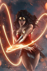  absurdres bare_shoulders black_hair breasts cleavage comic_cover commentary cover_image dc_comics embers english_commentary female highres holding holding_whip jee-hyung_lee lasso_of_truth long_hair looking_at_viewer official_art parted_lips realistic signature solo vambraces wonder_woman wonder_woman_(series) 