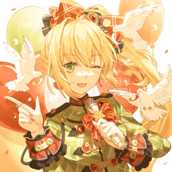  ;d ahoge animal balloon bird blonde_hair braid breasts chinese_commentary commentary fate/grand_order fate_(series) female french_braid green_eyes green_shirt hair_between_eyes hair_intakes hair_ornament jewelry large_breasts long_hair long_sleeves looking_at_viewer nero_claudius_(fate) nero_claudius_(fate/extra) nero_claudius_(lostroom_outfit)_(fate) official_alternate_costume one_eye_closed open_mouth orange_skirt red_nails shirt side_ponytail skirt smile solo teatix upper_body 