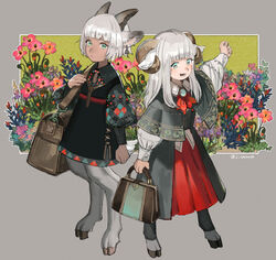  1other :d androgynous animal_ears arm_at_side ascot bag black_dress blue_flower blunt_bangs brooch brown_bag capelet clenched_hand closed_mouth collared_dress collared_shirt commentary_request curled_horns dark_skin digitigrade dress earrings fantasy female floral_print flower flower_request full_body goat_ears goat_horns goat_legs goat_tail green_eyes grey_background grey_capelet hand_up holding holding_bag hooves horizontal_pupils horns jewelry leather_bag light_blush long_hair long_sleeves looking_at_viewer nose open_mouth orange_flower original outstretched_arm pink_flower plant print_capelet print_dress puffy_long_sleeves puffy_sleeves purple_flower red_ascot red_skirt sasumata_jirou satyr sheep_ears sheep_girl sheep_horns shirt short_hair sidelocks skirt smile standing traditional_clothes twitter_username white_hair white_shirt wing_collar yellow_background 