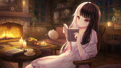  ahoge alternate_hairstyle animal-shaped_pillow apple black_hair blunt_bangs book book_stack bookmark bookshelf candle chair clock closed_mouth collarbone commentary_request couch cup desk female fire fireplace food fruit fruit_basket grapes holding holding_book lantern light light_smile long_hair missile228 multicolored_hair night nijisanji open_book orange_(fruit) painting_(object) pajamas pink_eyes pink_hair plant plate potted_plant reading rug scenery sitting solo split-color_hair table teacup two-tone_hair very_long_hair virtual_youtuber white_hair window wooden_floor yorumi_rena 