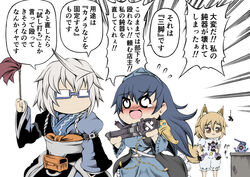  1boy 2girls ahoge animal_ears ball_(gundam) blonde_hair blue_hair breasts broken cleaning commentary_request crying dom_(mobile_suit) fox_ears fox_girl glasses gunpla hat hidefu_kitayan highres holding holding_tripod iizunamaru_megumu kudamaki_tsukasa large_breasts long_hair model_kit morichika_rinnosuke multiple_girls o_o open_mouth short_hair touhou translated tripod white_hair 