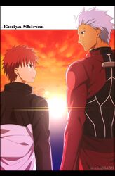  2boys akujiki59 archer_(fate) artist_name brown_eyes brown_jacket closed_mouth cloud commentary_request emiya_shirou eye_contact fate/stay_night fate_(series) from_behind jacket light_trail long_sleeves looking_at_another looking_to_the_side male_focus multiple_boys official_style outdoors red_hair short_hair sky spiked_hair sun sunset twilight watermark white_hair 