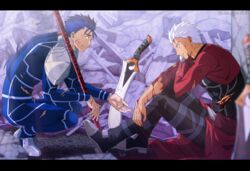  2boys akujiki59 archer_(fate) artist_name blood blue_hair blurry closed_mouth commentary_request cu_chulainn_(fate) cu_chulainn_(fate/stay_night) dirty earrings eye_contact fate/grand_order fate/stay_night fate_(series) from_side gae_bolg_(fate) hair_tubes jewelry long_hair looking_at_another male_focus multiple_boys polearm ponytail short_hair shoulder_plates sitting smile spear spiked_hair squatting tied_hair watermark weapon white_hair 