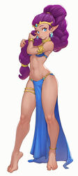  :o alternate_hairstyle anklet arabian_clothes armlet bare_legs bare_shoulders barefoot big_hair blue_eyes blush bracer braid cheshirrr circlet collar commentary dancer_shantae dark-skinned_female dark_skin earrings feet female full_body high_braid highres jewelry loincloth long_hair looking_at_viewer navel official_alternate_costume parted_lips pelvic_curtain pointy_ears purple_hair shantae shantae_(series) single_braid solo standing stomach thighlet tiptoes very_long_hair 