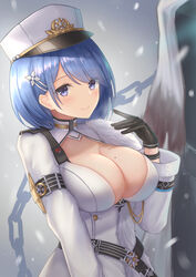  armband azur_lane black_gloves blue_eyes blue_hair blush breasts chains chapayev_(azur_lane) cleavage closed_mouth coat commentary_request cowboy_shot eyes_visible_through_hair female gloves grey_background hair_ornament hat jori large_breasts long_sleeves looking_at_viewer military military_hat military_uniform mole mole_on_breast short_hair simple_background smile snow solo uniform white_coat white_hat 