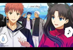  3boys akujiki59 archer_(fate) artist_name black_jacket black_shirt blue_hair brown_hair coat commentary_request cu_chulainn_(fate) cu_chulainn_(fate/stay_night) day emiya_shirou fate/stay_night fate_(series) female green_ribbons grey_coat hair_ribbon hand_up jacket long_hair multiple_boys musical_note notice_lines official_style orange_hair outdoors pants ribbon shirt short_hair spiked_hair spoken_musical_note tohsaka_rin watermark white_pants zipper_pull_tab 