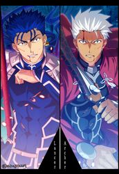  2boys akujiki59 archer_(fate) artist_name blood blood_on_face blue_hair brown_eyes cape clenched_teeth commentary_request covered_abs cu_chulainn_(fate) cu_chulainn_(fate/stay_night) earrings fate/grand_order fate/stay_night fate_(series) fingernails floating_hair hair_tubes hand_up holding jewelry long_hair long_sleeves looking_at_viewer male_focus multiple_boys official_style ponytail red_cape shoulder_plates spiked_hair teeth weapon white_hair 