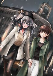  2girls :d alternate_costume bandana black_pantyhose black_shirt black_skirt blouse blue_eyes brown_eyes brown_hair chuuou_(tokyo) coat dutch_angle feet_out_of_frame ginza_(tokyo) ginza_wako green_coat grey_hair highres holding_hands kantai_collection kashima_(kancolle) kazu_(really_in_hot_water_now) long_hair looking_at_another multiple_girls night official_alternate_costume ooi_(kancolle) open_mouth outdoors pants pantyhose red_bandana red_eyes red_scarf scarf shirt sidelocks skirt smile snowing tokyo_(city) twintails wavy_hair white_coat white_pants yellow_shirt 