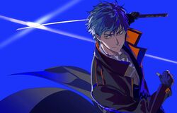  1boy absurdres aokiku black_jacket blue_background brown_eyes coattails collared_shirt dress_shirt fate/grand_order fate_(series) fingerless_gloves gloves grey_hair grin highres holding holding_weapon jacket japanese_clothes katana light_rays looking_at_viewer male_focus saitou_hajime_(fate) shirt short_hair simple_background smile sword teeth upper_body wavy_hair weapon white_shirt 