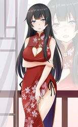  absurdres agano_(kancolle) bare_shoulders black_hair blue_eyes blush breast_hold breasts china_dress chinese_clothes cleavage_cutout clothing_cutout dress female heart_cutout highres kantai_collection large_breasts looking_at_viewer open_mouth saku_(kudrove) smile solo zoom_layer 