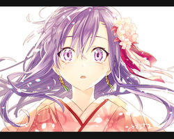  :o bloom chromatic_aberration commentary_request earrings ears_visible_through_hair eyes_visible_through_hair fate/grand_order fate_(series) female floating_hair flower hair_between_eyes hair_flower hair_ornament japanese_clothes jewelry kasuga_no_tsubone_(fate) kimono letterboxed long_hair looking_at_viewer matou_sakura open_mouth petals pink_kimono portrait purple_eyes purple_hair sacanahen signature simple_background solo tears white_background 