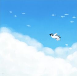  above_clouds animal_focus ayu_(mog) baby_penguin bird blue_sky cloud commentary_request fish flying flying_fish no_humans original outdoors penguin sky 