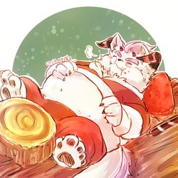  1904tk3 1:1 2020 anthro behemoth_(tas) belly blush bottomwear closed_eyes clothing costume food kemono lifewonders lying male micro monster overweight overweight_anthro overweight_male pants santa_costume solo tokyo_afterschool_summoners 