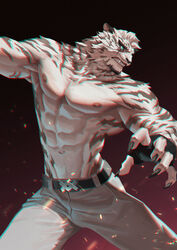  1boy abs absurdres ale55 animal_ears arknights bara black_gloves blue_eyes embers fighting_stance fingerless_gloves fingernails furry furry_male gloves glowing glowing_eyes head_tilt highres large_pectorals leaning_to_the_side male_focus mountain_(arknights) muscular muscular_male pants pectorals scar scar_across_eye scar_on_face sharp_fingernails short_hair solo spread_legs tiger_boy tiger_ears tiger_stripes topless_male white_fur white_hair white_pants 