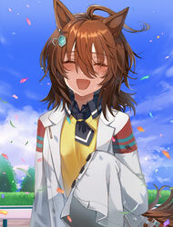  :d agnes_tachyon_(umamusume) ahoge animal_ears black_necktie black_shirt blush breasts brown_hair closed_eyes cloud coat collared_shirt confetti day earrings facing_viewer female hedge horse_ears horse_girl jewelry lab_coat medium_breasts nazuka_(mikkamisaki) necktie open_clothes open_coat open_mouth outdoors shirt short_necktie single_earring sleeves_past_fingers sleeves_past_wrists smile solo sweat sweater tree umamusume upper_body white_coat yellow_sweater 